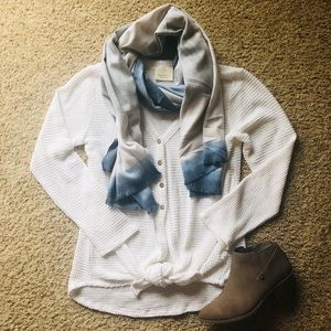 Waffle Knit Button Up Tie Front Long Sleeve Top